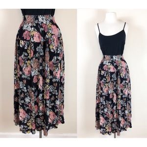 vintage black rose floral maxi skirt 90s crinkle grunge boho hippie festival